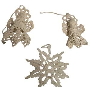Vintage Handmade Crochet Christmas Angel Ornament Snowflake Starched Lot Of 3
